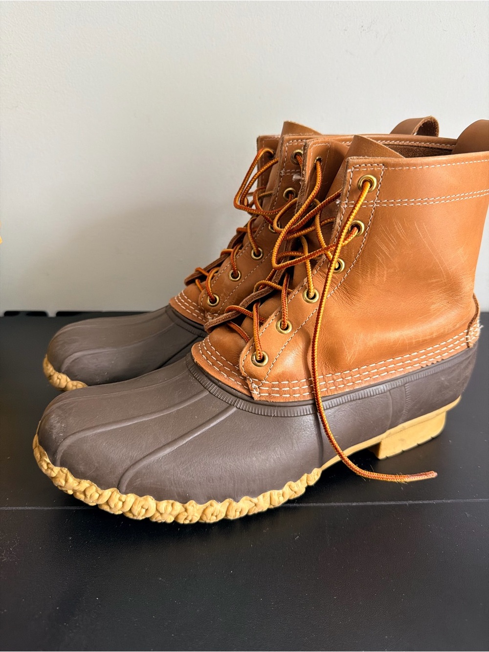 L.L. Bean men’s 8” Two-Tone Leather & Rubber Duck Boots - Brown/Tan